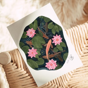 Postkarte Seerosenteich Aquarell | Koi - Symbol für Reichtum, Glück und Erfolg