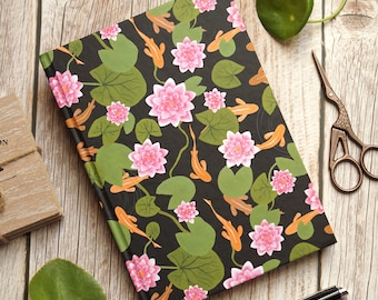 Dot grid notebook black | water lilies and goldfish | Din A6, 128 pages | with ribbon bookmark, eco friendly on recycled paper