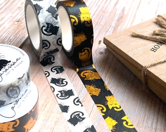 Minimalist Washi Tape Set Cute Cats black-gold and black-white | with gold foil print | 15mm x 10m / 0,6" x 32,8ft