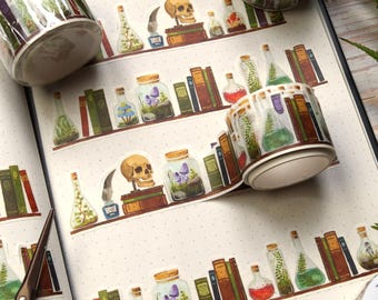 Washi Tape Magical Potions – Die Cut – 30mm x 5m – Witch Shelf with Apothecary Bottles, Plants & Old Books – Semi-Transparent Journal Tape