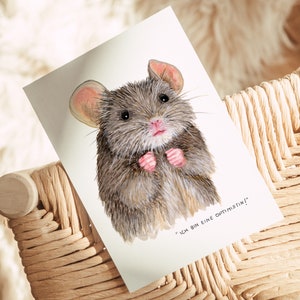 Carte postale encourageante avec une jolie souris et disant "Je suis optimiste !" | Aquarelle | DinA6