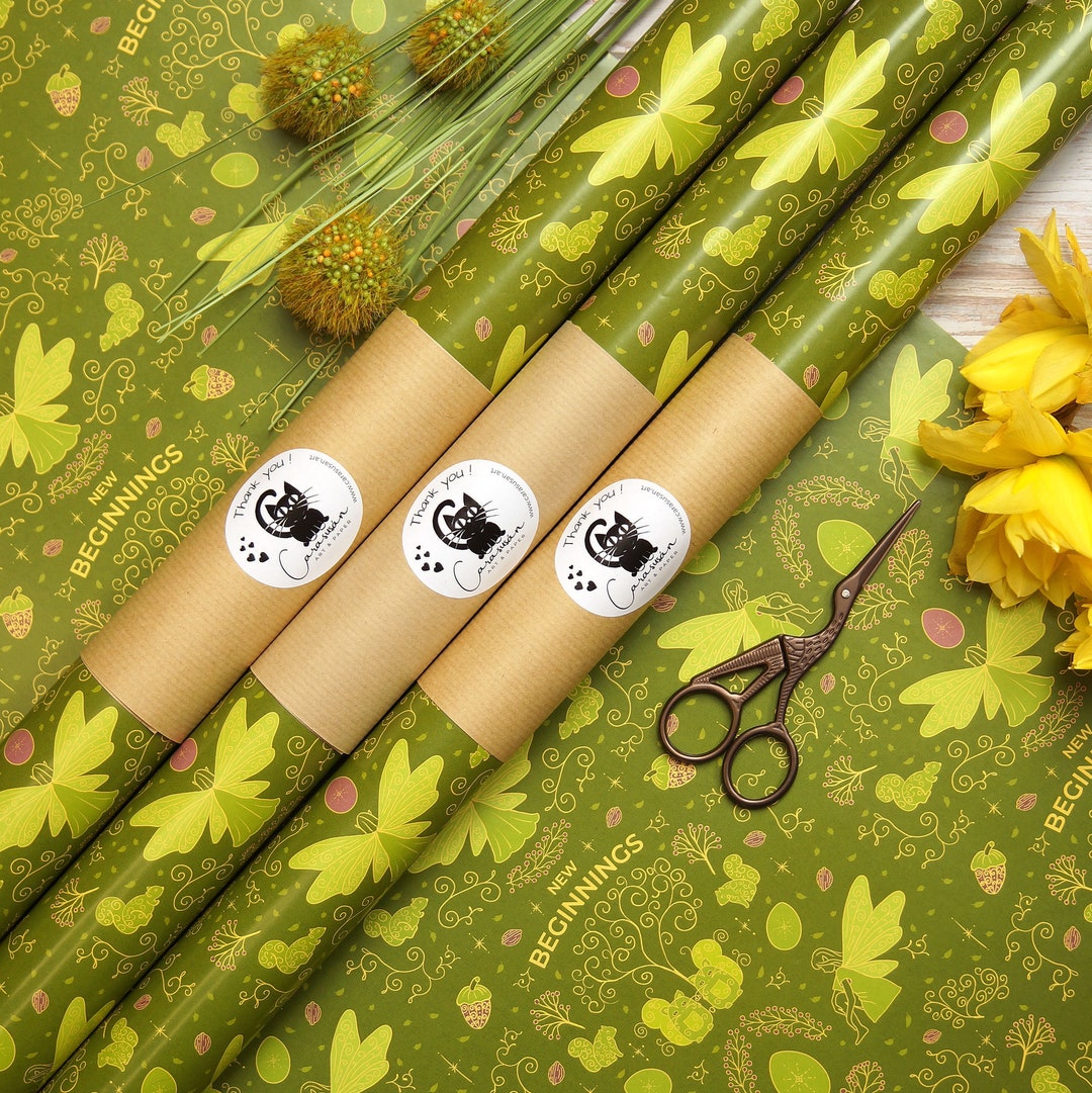 Green Wrapping Paper 'spring Fairies' 3 Sheets 50x70cm / 19x27