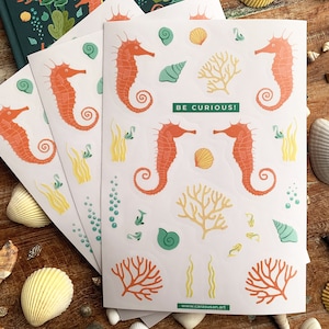 Stickerbogen Seepferdchen 3x DinA5 | Meerestiere, Muscheln, Fische und Korallen für Bullet Journaling und Scrapbooking