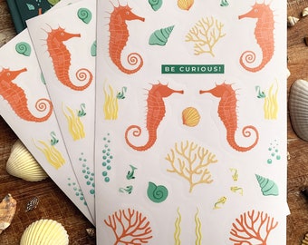 Pastel Seahorse Stickers – 3x A5 Sticker Sheets Transparent Matte | Sea Animals, Shells and Coral | Bullet Journal, Scrapbooking & Decor