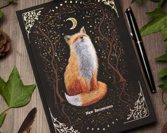 Witchy Notebook A5 – New Beginnings Fox Journal with Gold Foil, Moon Phases on Munken Paper – Gift for Witches & Journal Lovers