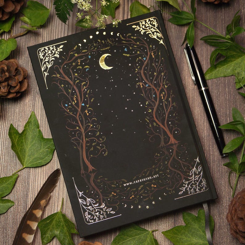 Witchy notebook "New Beginnings" with hand-painted fox illustration, gold foil moon phases and stars on black hardcover, A5 journal with Munken Pure paper. Back side view.