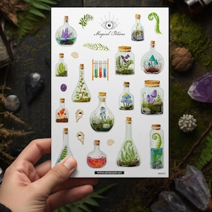 Könnte beinhalten: Ein Stickerbogen mit verschiedenen Glasflaschen und Gläsern mit Korken, gefüllt mit bunten Pflanzen, Pilzen und Flüssigkeiten. Der Text "Magical Potions" und eine Website-Adresse sind ebenfalls sichtbar.
