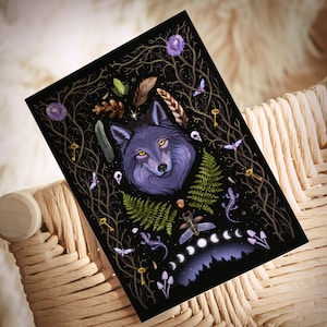 Postcard Dark Forest Magic 'Lunar Wolf' | Witchy Gothic Aesthetic | Forest animals, mysterious woodland finds and moon phases | Witchy gift