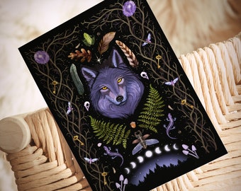 Postcard Forest Guardian - Wolf | Witchy Gothic Aesthetic | Forest animals, mysterious woodland finds and moon phases | Witchy gift