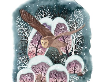 Fine Art Print - Owl in enchanted Winter Forest - Watercolor painting - 28x32 cm - 11x12,6"