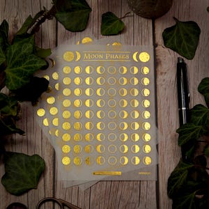 Lot de 3 autocollants Washi dorés Phases de la Lune | Décoration de calendrier lunaire Wicca | Journal intime Witchy Vibes