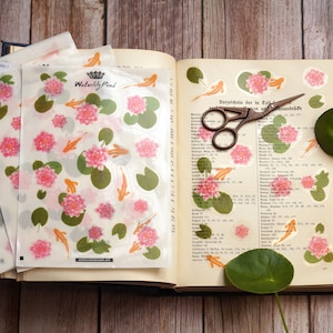 Folha de autocolantes 'Nenúfares e peixinhos dourados' autocolantes ecológicos - transparentes | Din A5 | para diário e scrapbooking
