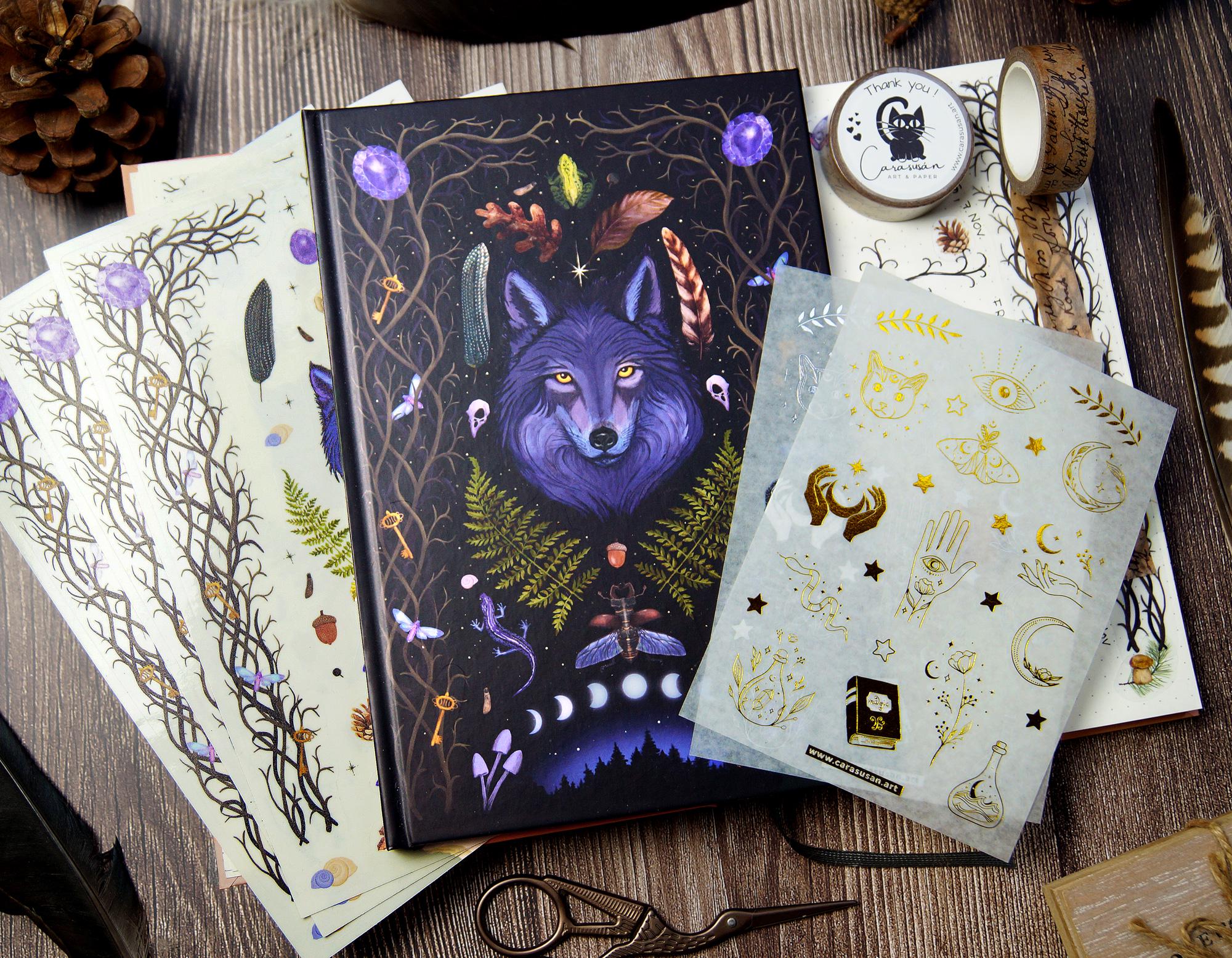Journaling Set Witchy Forest Wolf | Notebook Din A5 with sticker sheets and Washi-Tape | with dot grid, lined or blank