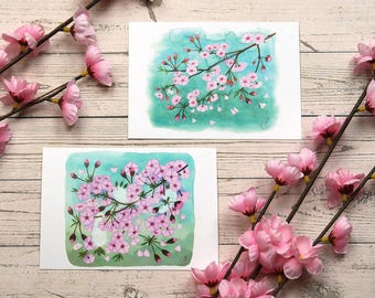 Set di cartoline con fiori di ciliegio |  Arte giapponese ad acquerello con spiriti degli alberi | Decorazione primaverile Sakura
