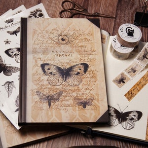 Dark Academia Journal Set | Dot Grid Notebook Din A5, 3x sticker sheet and 2x washi tape | Butterflies Vintage Aesthetic Scrapbook