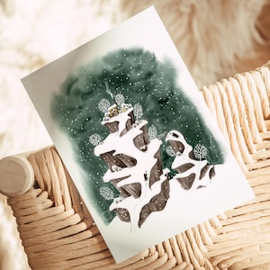 Postkarte Winterlandschaft Aquarell | DinA6 | Berge, Schnee und eine kuschelige Hütte
