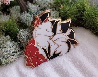 Poppy Kitsune Fox Enamel Pin -- Black And White Red Fox Enamel Pin - 9 Tail Fox