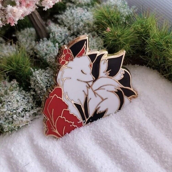 Poppy Kitsune Fox Enamel Pin -- Black And White Red Fox Enamel Pin - 9 Tail Fox