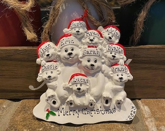 3,4,5,6,7,8,9,10 Heads Personalized Resin Polar Bear Family Christmas Ornaments. 3-10 Names Personalized Free