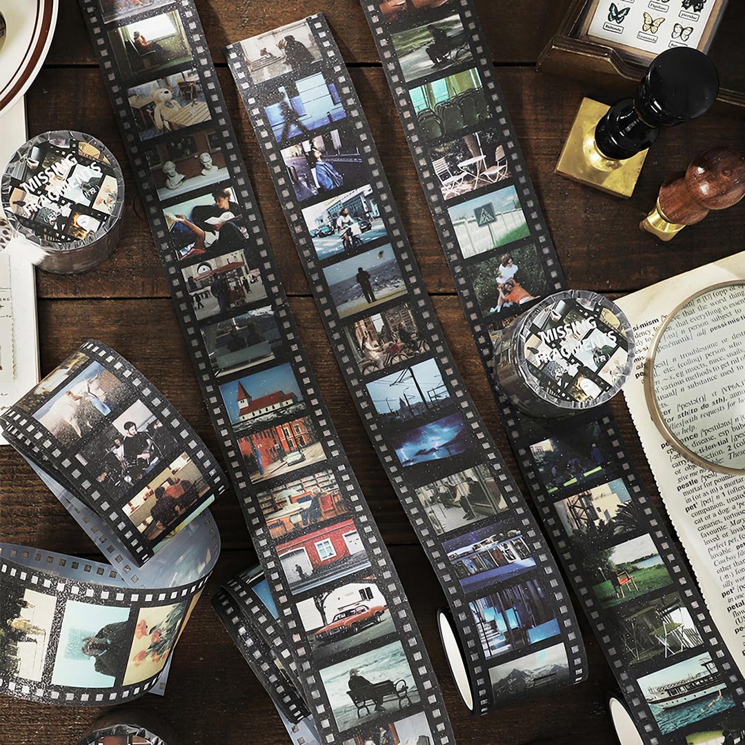 Retro Film PET Washi Tape – Memory Roll with Glitter Sand, Character & Scenic Film Frames for Scrapbooking Decoration