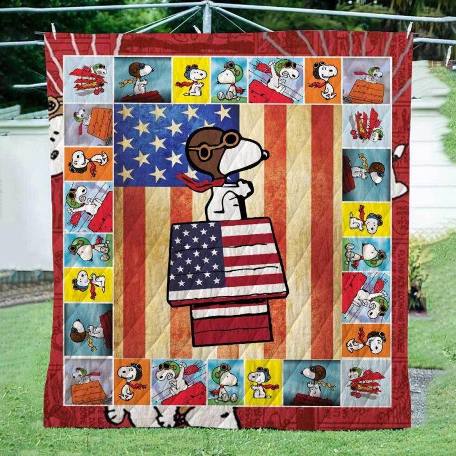 The Snoopy America Flag Quilt Blanket Bedding Family Gift For Etsy