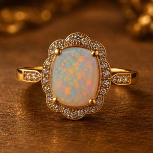 Anillo vintage de ópalo y diamantes con halo, anillo de compromiso ovalado de ópalo blanco de fuego, anillo de promesa de oro con ópalo, joyería art déco de ópalo, regalo de piedra natal de octubre