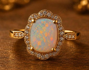 Vintage Opal Diamond Halo Ring, Oval White Fire Opal Engagement Ring, Gold Opal Promise Ring, Art Deco Opal Jewelry, October Birthstone Gift