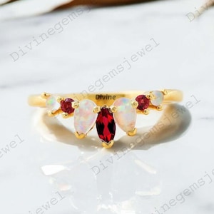 Marquise Opal Wedding band Yellow Gold Half Eternity Ring Dainty Garnet Ring Unique Art deco Women Jewelry Promise Anniversary Gift For Love