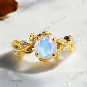 Unique Round Cut Moonstone Engagement Ring Leaf Branch Promise Ring For Her Nature Inspired Twig Floral Diamond Jewelry Anniversary Gift Her