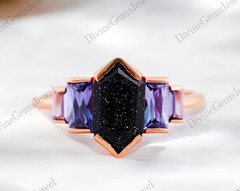 Hexagon cut Galaxy Blue sandstone ring Vintage Rose gold engagement ring Baguette cut Amethyst Jewelry bridal anniversary ringgift for women