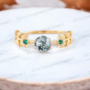 Natural Moss Agate Ring Vintage Round Moss Agate Engagement Ring Art Deco emerald Agate Ring Women's Anniversary Gift Solid 14K Gold Ring