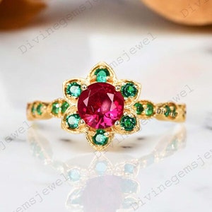Ruby Emerald bloemen verlovingsring 14k gouden belofte sieraden vrouwen statement ring Art Deco Halo bruids delicate ring verjaardag cadeau voor haar