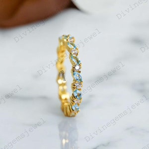 Bague de mariage vintage aigue-marine, bijoux minimalistes, or jaune massif, aigue-marine, cadeau d'anniversaire, bague en diamant assortie pour femme