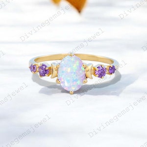 Vintage Opal Engagement Ring Rose Gold Nature Inspired Moon Amethyst Ring Unique Alternative October birthstone Wedding Ring Gift For Women