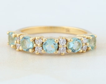 Aquamarine and Diamond Ring 14k Solid Gold Half Eternity Band Aquamarine Wedding Band Stacking Ring Unique Promise Jewelry Gift For Friend