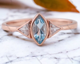 Marquise Shape Aquamarine Gemstone Ring Crystal Engagement Ring Trilliant Cut Diamond Bridesmaid Jewelry 9k Rose Gold Ring Gift For Daughter