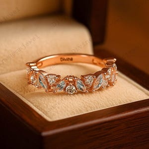 Vigselring med regnbågsmånesten, 14k roséguld för kvinnor, matchande antik halv alliansring, personlig ring för henne, jubileumspresent