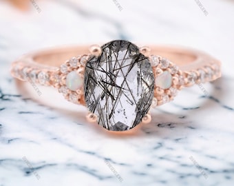 Natural Black Rutilated Quartz Wedding Ring Engagement Promise Statement Ring Personalized Jewelry Diamond Halo Promise Ring Customized Gift