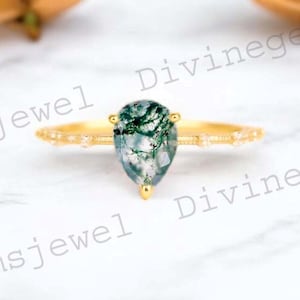 Pear shaped Moss agate engagement ring Vintage yellow gold marriage ring distance diamond jewelry Bridal Promise Ring Anniversary gift her