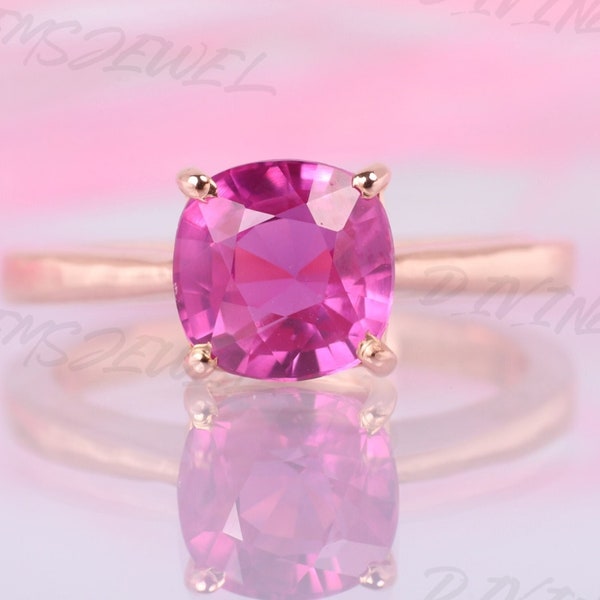 Pink Ruby Engagement Ring Solitaire Promise Women Jewelry Art Deco Delicate Ring July Birthstone Cushion Cut Ring Personalized Gift For Her