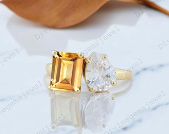 Vintage Emerald Cut Citrine Engagement Ring Art Deco Two Gemstone Ring Pear Moissanite Bridal Ring Unique Anniversary Jewelry Gift For Love