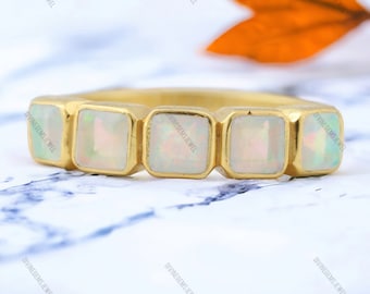 Unique Cushion Cut Opal Wedding Band Solid Gold Bridal Stackable Band Bezel Set Opal Engagement Jewelry October Birthstone Anniversary Gifts