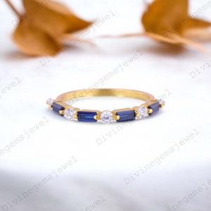 Unique Half Eternity Baguette Cut Sapphire Wedding Band Vintage Solid Gold Women Matching Band Minimalist Jewelry Bridal Promise Gift Band