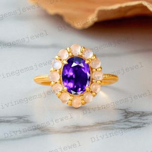 Amethyst Moonstone Engagement Ring halo Art Deco Jewelry Rainbow Moonstone February Birthstone Engraved Promise Ring Gift For Anniversary