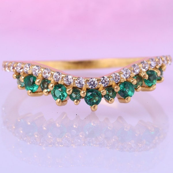 Emerald Wedding Curved Band 14K Yellow Gold Half Eternity Ring Band For Women Birthday Gift Delicate Stacking Diamond Band Anniversary Ring