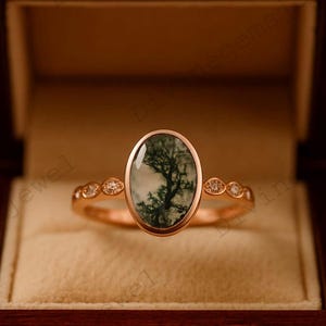 Vintage Moosachat Verlobungsring Gelbgold Oval Schliff Einzigartige Lünette Set Ring Solitär Ring Halbe Ewigkeit Minimalist Weißer Moissanit Ring