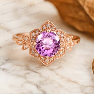 Vintage Oval Pink Sapphire Floral Engagement Ring Nature Inspired Diamond Halo Wedding Ring for Her Unique Cluster Promise Ring BirthdayGift