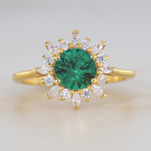 Vintage Emerald Engagement Ring Art Deco Diamond Ring Yellow Gold Halo Marquise Cut Gemstone Ring Bridal Anniversary Jewelry Birthday Gift