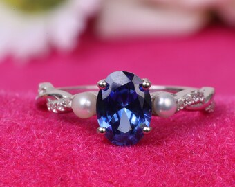 Blue Sapphire Ring, September Birthstone, Freshwater Pearl 925 Sterling Silver Ring, Infinity Sapphire Ring, Engagement Ring, Promise Ring