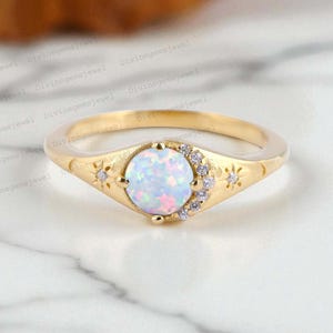 Fire Opal Diamond Summer jewelry White Opal Moon Crescent Wedding Ring Diamond Moon And Star Ring Minimalist Summer Gift Engraved Rings